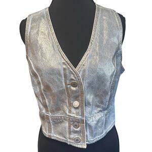 Levi’s Metallic Silver Jean Vest Corset Crop Top Sz L Festival Country Southern